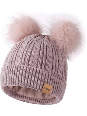 Women's Pink Elastic Birthday Winter Hats Knit Fleece Cute Beanie Fashion Cap
